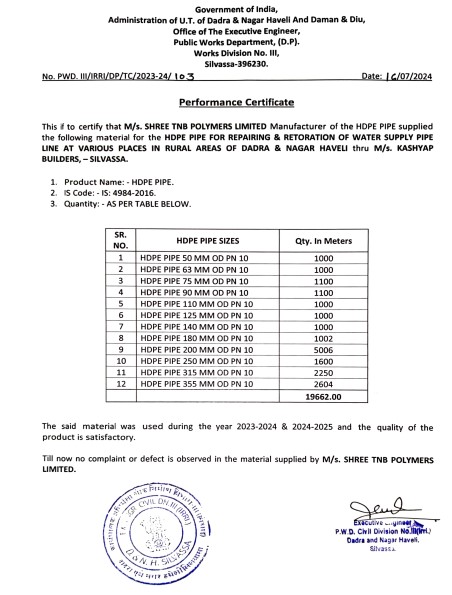 Performance Certificate for HDPE Pipes from Public Works Department Silvassa issued to Shree TNB Polymers